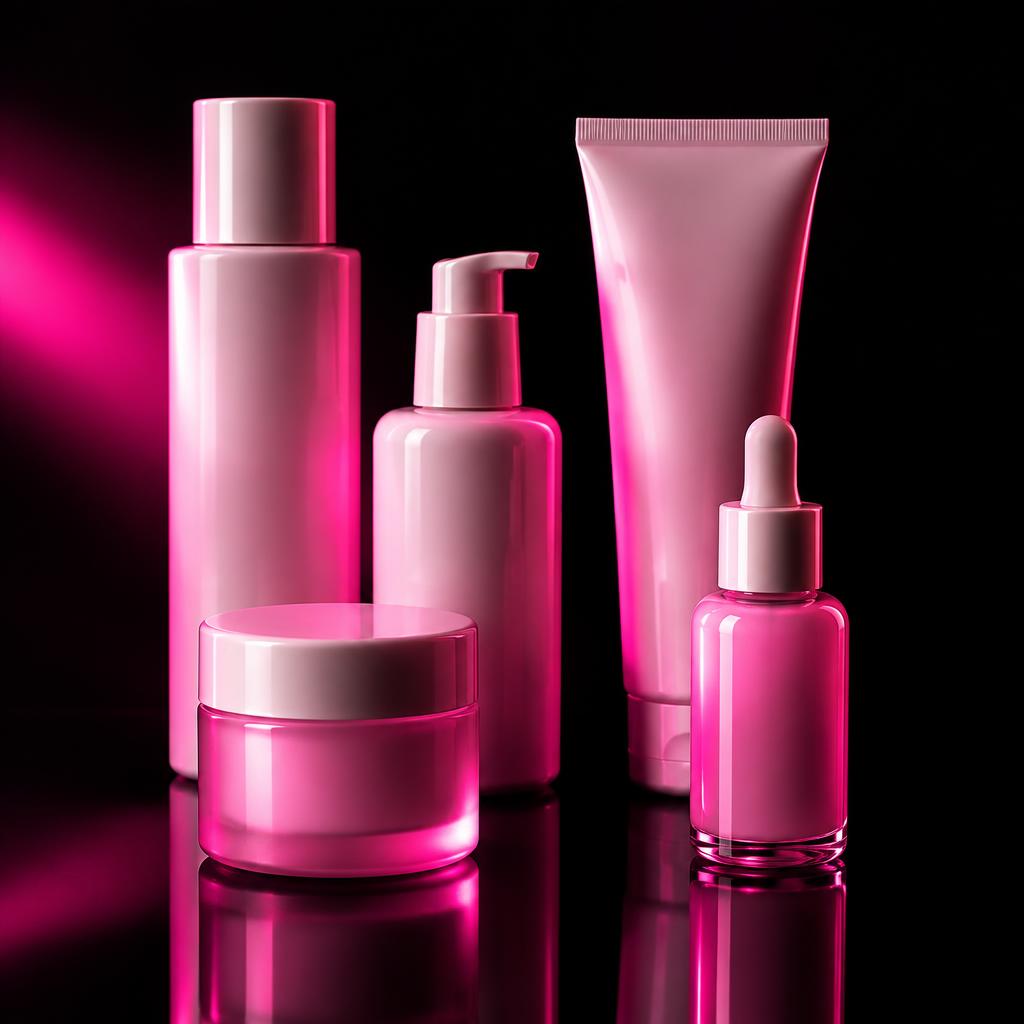 Producto cosmético iluminado con luz fucsia sobre fondo negro
