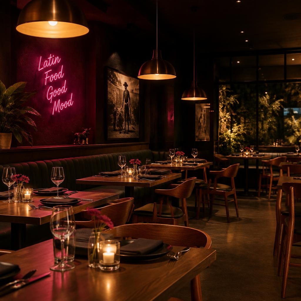 Interior de restaurante con letrero de neón fucsia