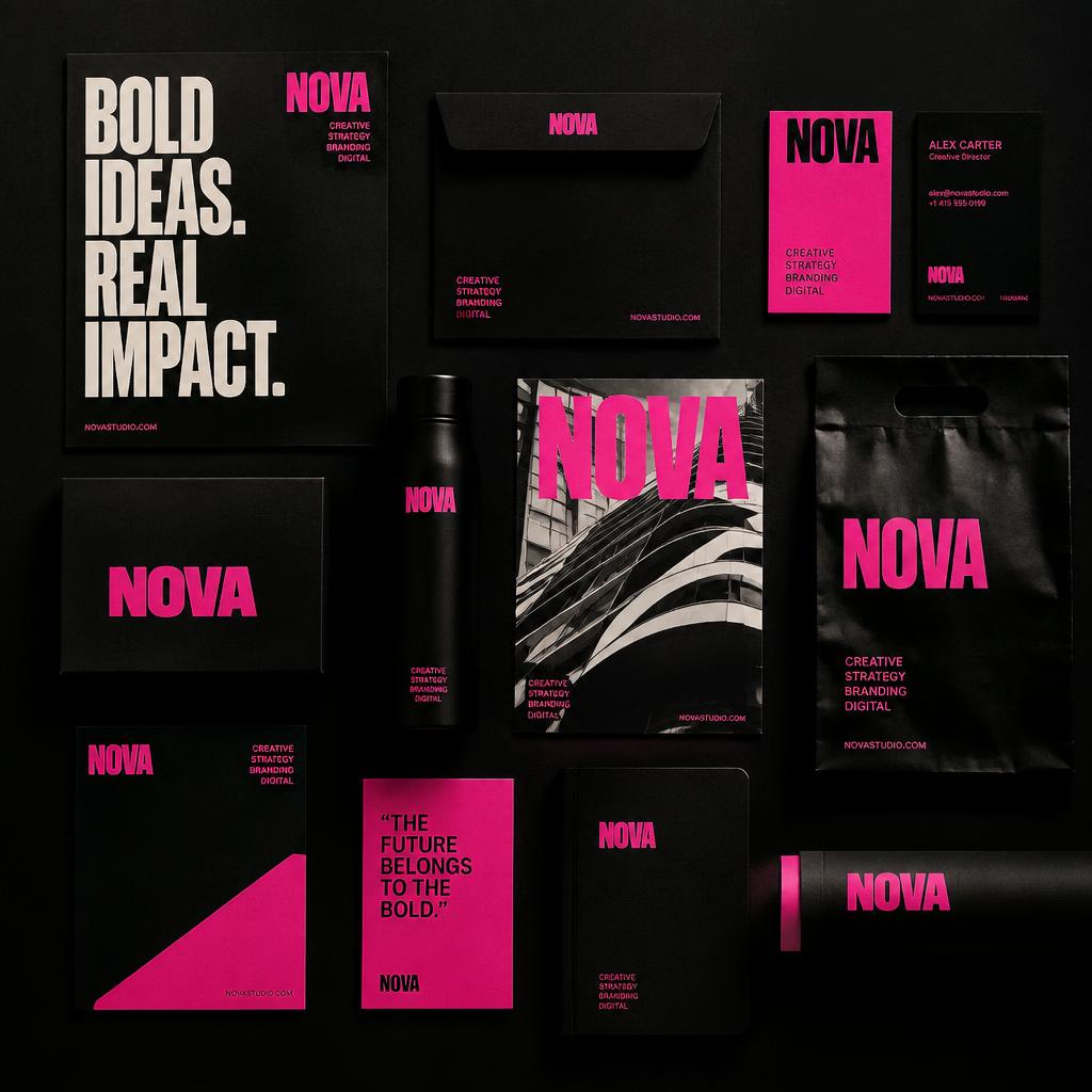 Piezas de identidad de marca en negro y fucsia sobre fondo oscuro