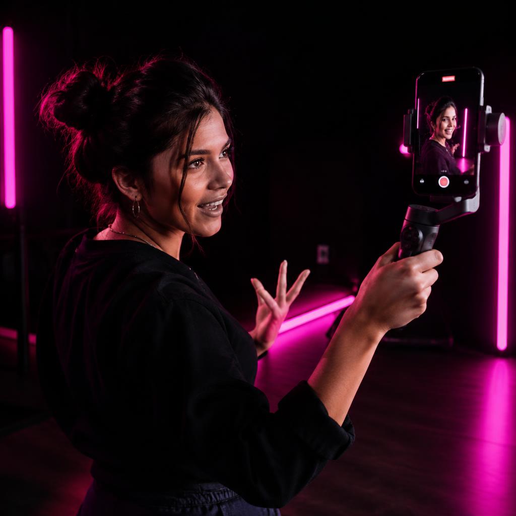 Creadora de contenido grabando video con luz fucsia en estudio