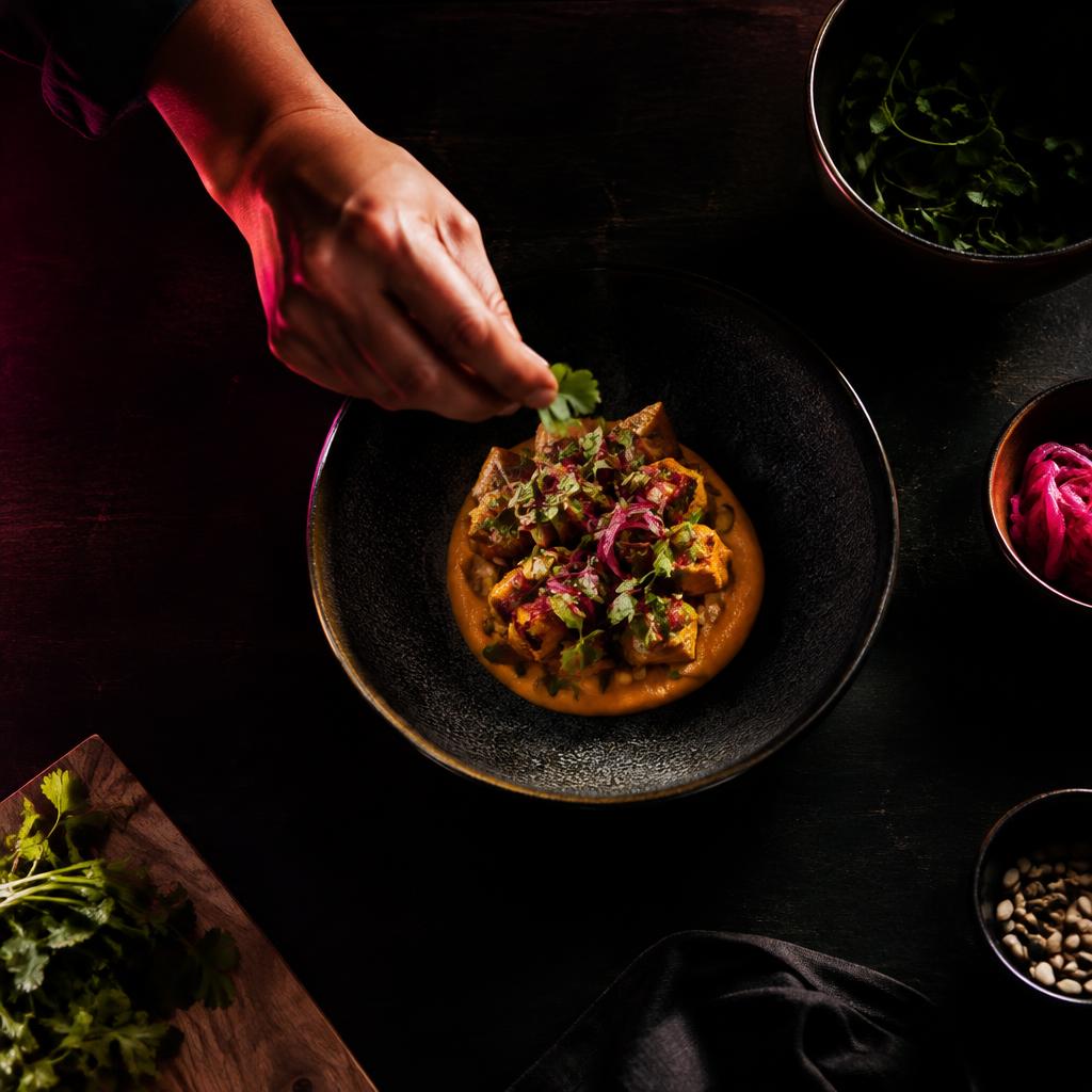 Fotografía editorial de un plato gourmet con iluminación dramática