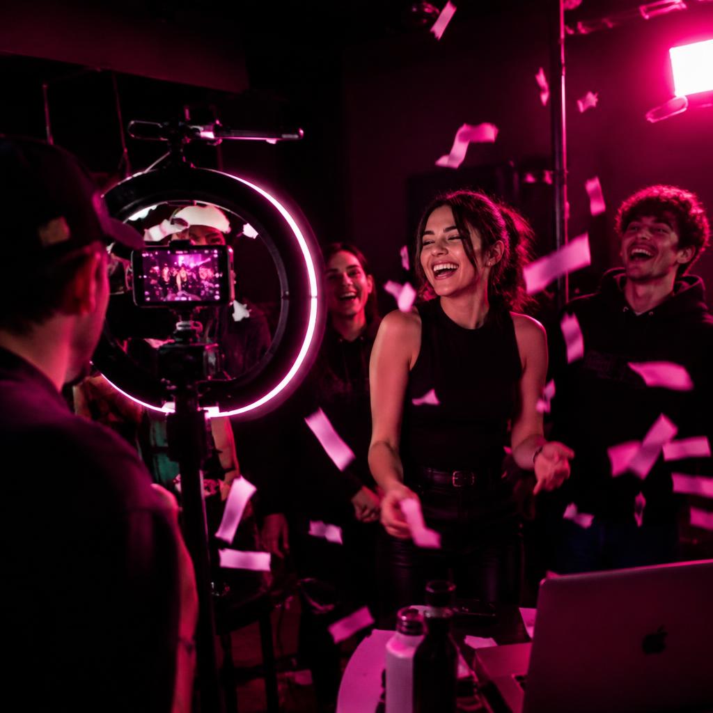 Equipo grabando contenido viral detrás de cámaras con luz fucsia